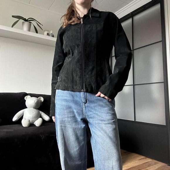 2000s Atmosphere Black Suede Leather Biker Jacket - Picture 6 of 8